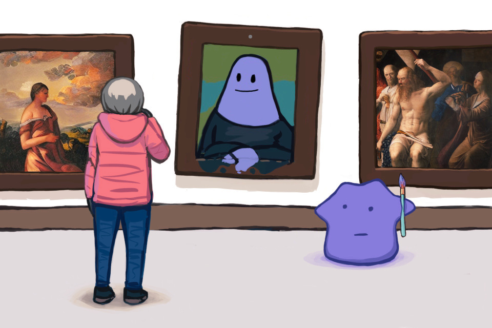 A cartoon illustration of Ditto presenting their painting in a gallery amongst other, far more detailed paintings. A gallery-goer looks on skeptically.