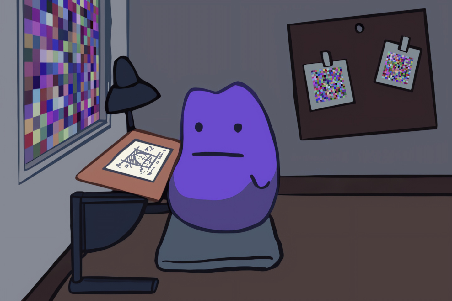 A cartoon illustration of Ditto sitting in an empty room staring at scribbles on a sheet of paper. A TV static pattern is visible in the window.