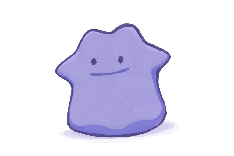 An illustration of the Pokémon Ditto - a smiling purple blob
