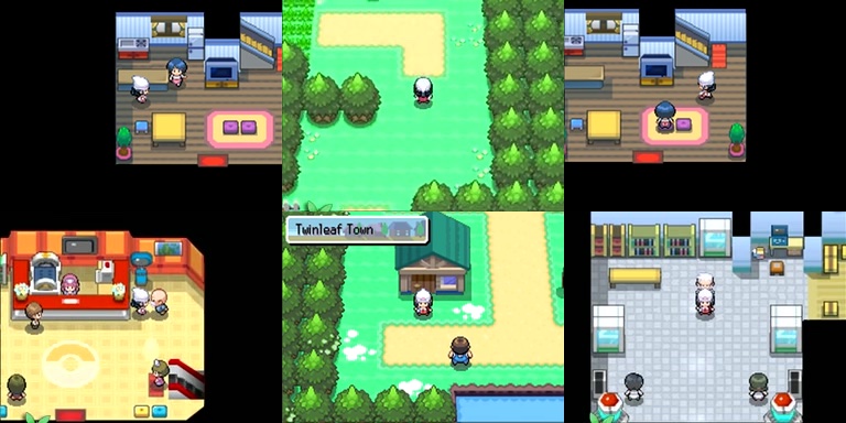A collage of six unlabeled video frames showing parts of the Pokémon overworld