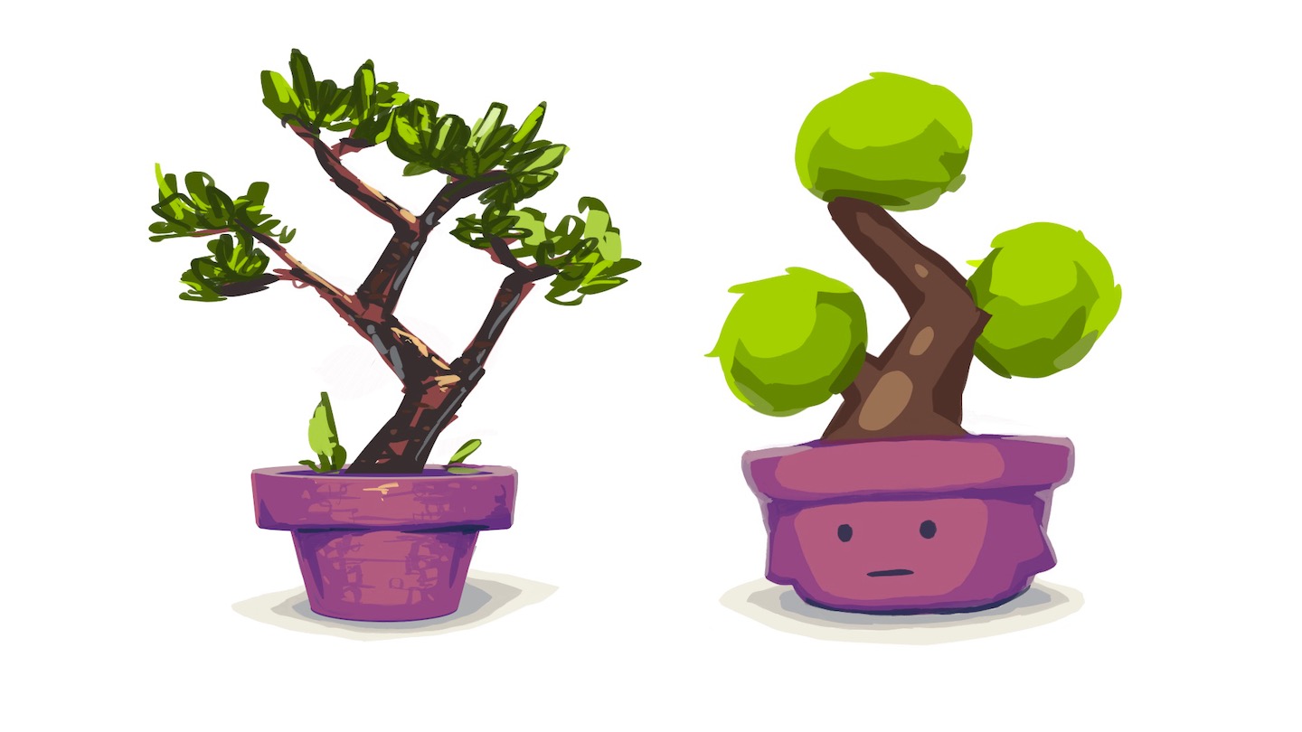 An illustration of Ditto unsuccessfully mimicking a complicated bonsai tree. Ditto's shape is a blobby, dull approximation of the actual bonsai.
