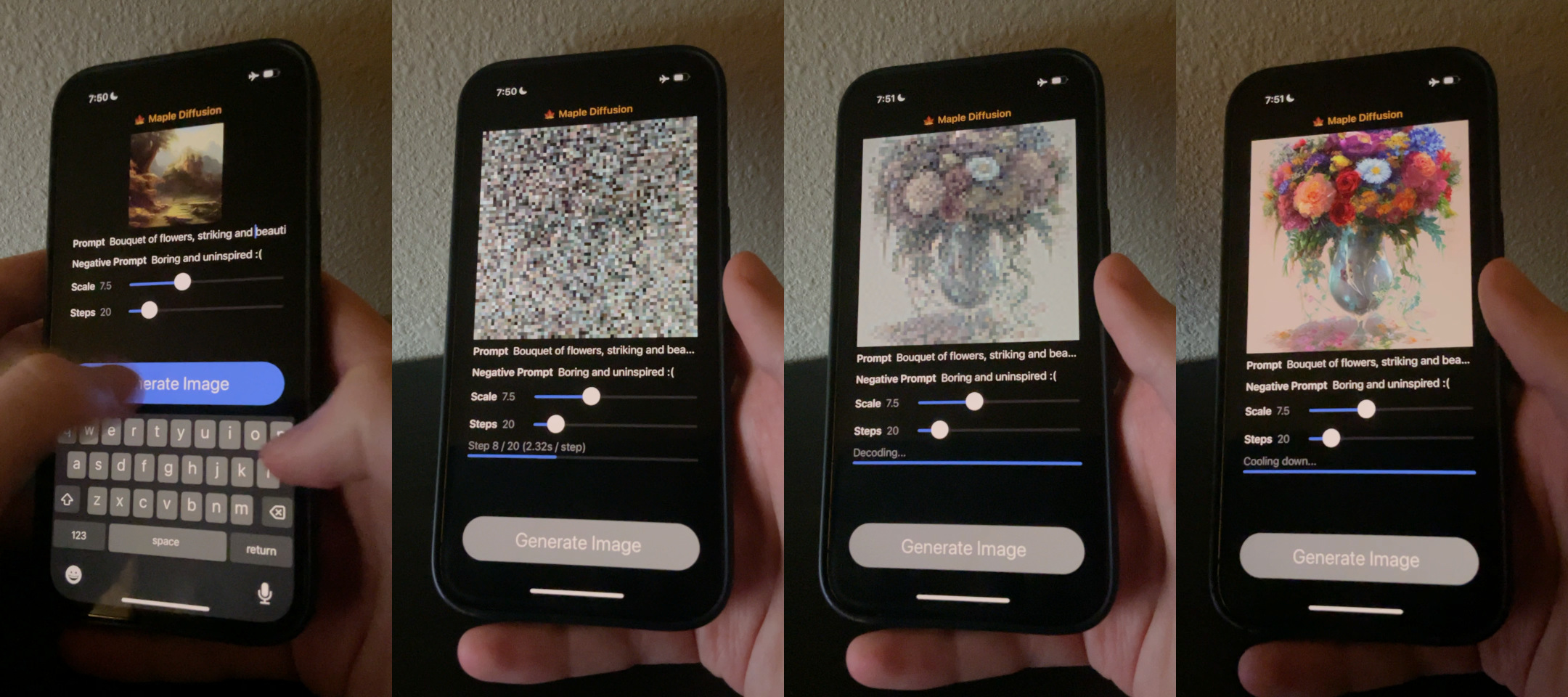 A sequence of photographs showing Maple Diffusion running on my phone, transforming noise into an image of a flower bouquet.